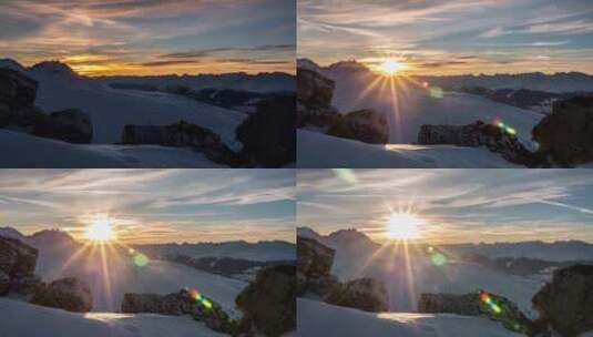 日出下的雪山延时摄影冬天冬季冬景雪景_4K高清在线视频素材下载