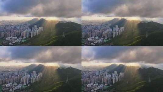 香港维多利亚港飞鹅山日落高空云层航拍高清在线视频素材下载