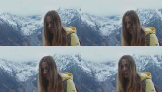 雪山上的女孩高清在线视频素材下载