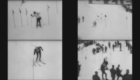 法国运动员在进行滑雪比赛黑白影像高清在线视频素材下载