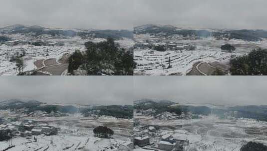 航拍南方丘陵农田乡村冬天雪景高清在线视频素材下载