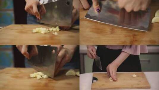 【镜头合集】厨师拍大蒜切蒜末高清在线视频素材下载