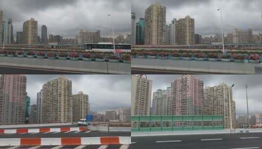 行驶在上海延安高架上的公交车窗外风景高清在线视频素材下载