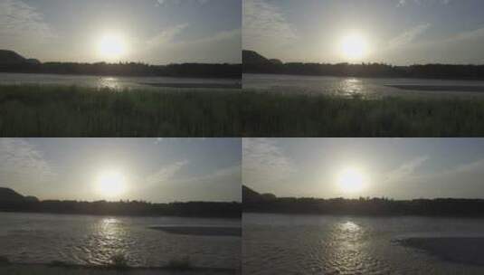 旅游景区 航拍都江堰 江道河面上的太阳高清在线视频素材下载