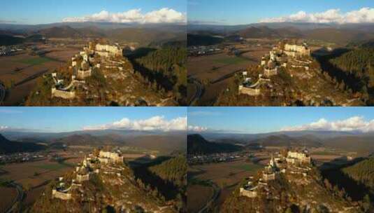山上一座中世纪城堡的鸟瞰高清在线视频素材下载