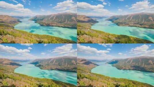 原创新疆阿勒泰喀纳斯湖泊自然风光延时航拍高清在线视频素材下载
