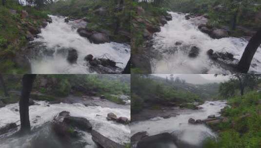 雨中看急流翻卷的小河流向远山高清在线视频素材下载
