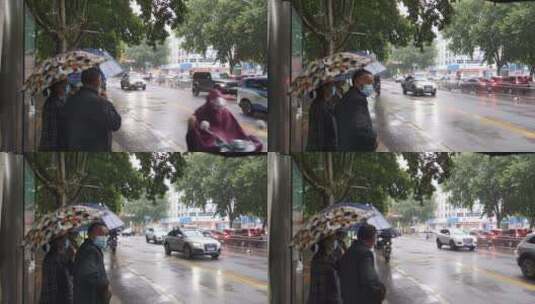 4K实拍 街头 等公交的人 雨天街景 下雨天高清在线视频素材下载