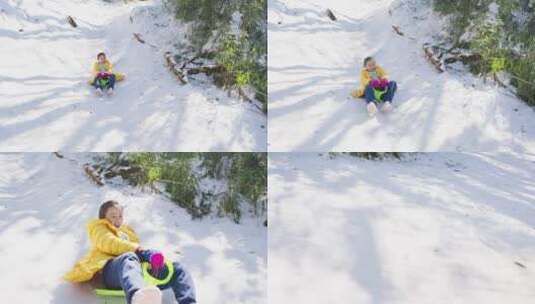 寒假冬天玩雪快乐滑雪玩耍的小孩高清在线视频素材下载