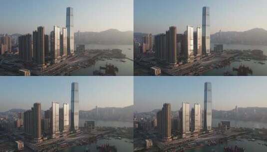 航拍中国香港西九龙区地标建筑高清在线视频素材下载