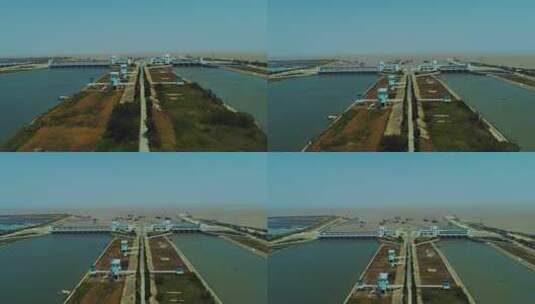 航拍淮河入海水道和苏北灌溉总渠六垛闸高清在线视频素材下载