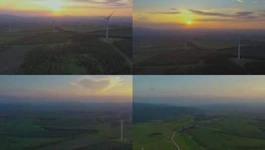 航拍林场风力发电群落日晚霞高清在线视频素材下载
