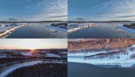 航拍冬季即将冰封的河流雪景合集高清在线视频素材下载
