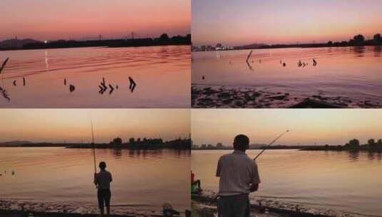 夕阳晚霞河边钓鱼高清在线视频素材下载