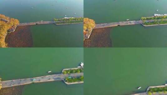 杭州西湖断桥残雪船舶航拍高清在线视频素材下载