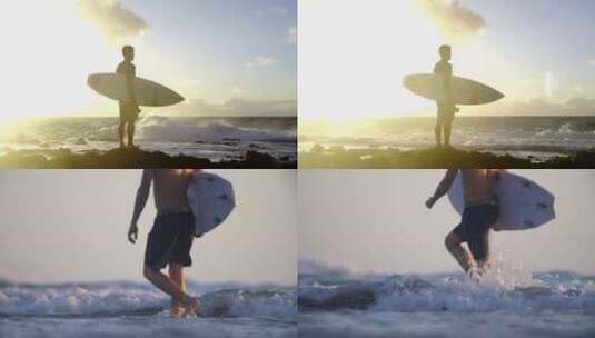 海边拿着冲浪板的男人4K高清在线视频素材下载
