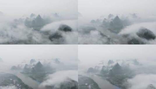 航拍广西桂林烟雨漓江水墨画高清在线视频素材下载