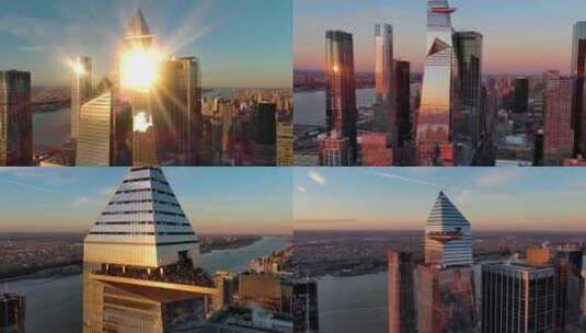航拍曼哈顿哈德逊广场阳光照射摩天大楼日落高清在线视频素材下载