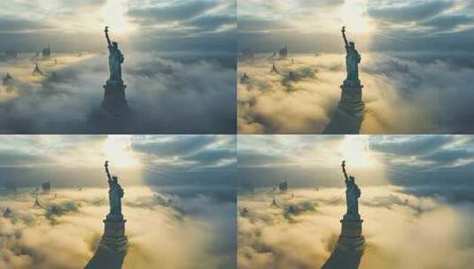 纽约自由女神像云海景观高清在线视频素材下载