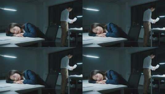 办公室内职员加班与小憩场景高清在线视频素材下载