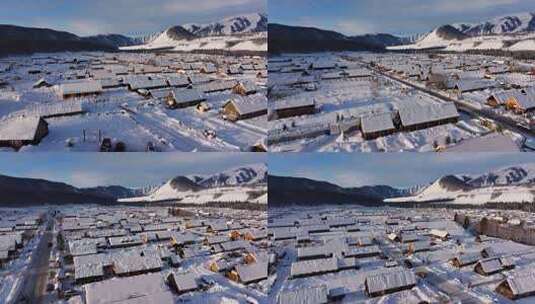 新疆阿勒泰地区禾木村雪景航拍高清在线视频素材下载