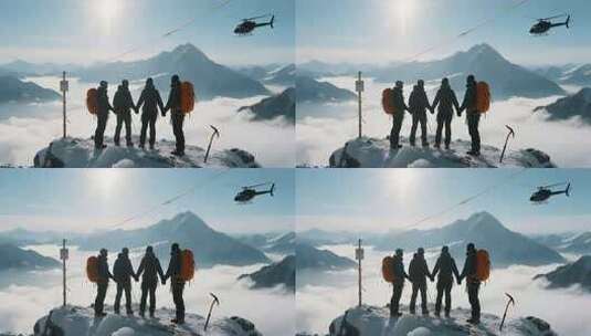 登山者山顶牵手雪山直升机场景高清在线视频素材下载