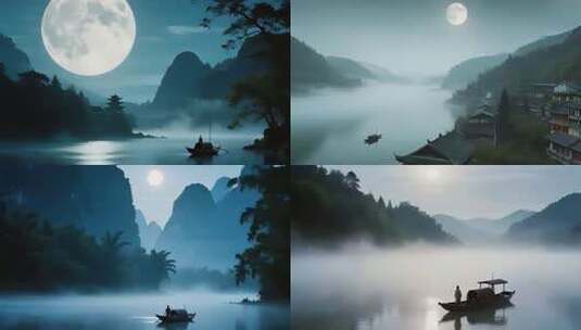 中秋佳节之夜梦幻江南春江花月夜高清在线视频素材下载