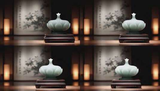 典雅青玉莲花造型瓶静置于古色案台之上高清在线视频素材下载