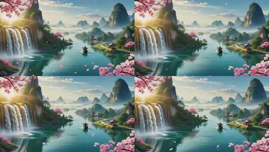 中式山水风景含瀑布亭台高清在线视频素材下载