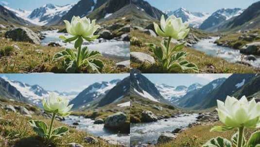 山间小花与溪流雪山风景高清在线视频素材下载