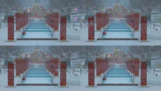 威海人民广场春节灯柱雪花飘落高清在线视频素材下载