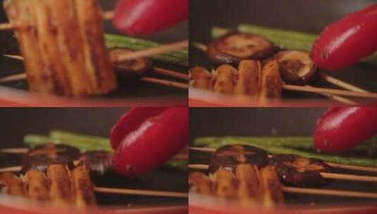 穿香菇串烤香菇烤蔬菜高清在线视频素材下载