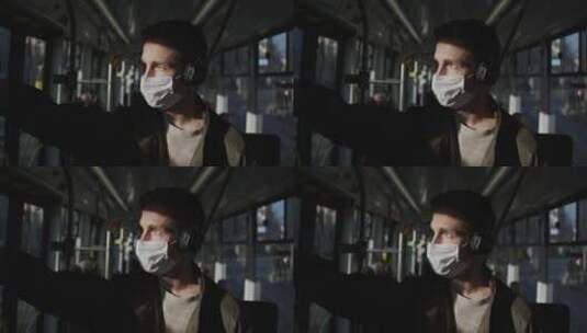 在公交车上带着口罩的男人高清在线视频素材下载