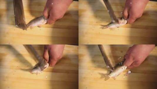 菜刀处理小鲫鱼去内脏高清在线视频素材下载