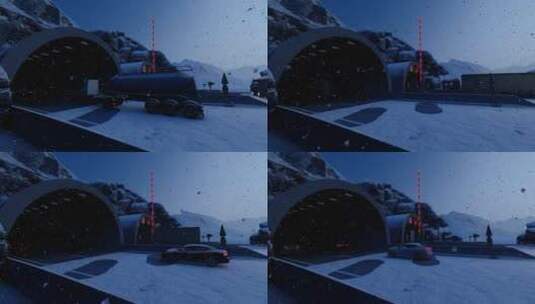 下雪时驶过隧道的车辆高清在线视频素材下载