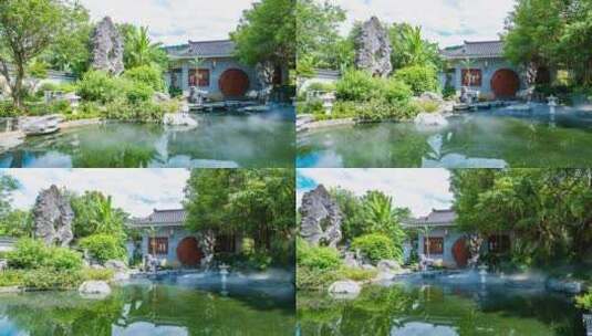 南宁青秀山中式庭院湖面上的雾气高清在线视频素材下载