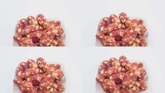 美食香肠腊肠珍珠枣肠食材4k平移镜头高清在线视频素材下载