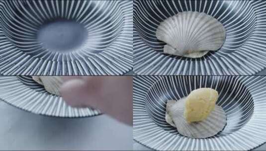 调味土豆泥海鲜沙拉原料入盘镜头组高清在线视频素材下载