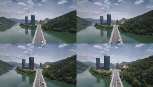 杭州建德新安江高速公路和现代城市风光航拍高清在线视频素材下载