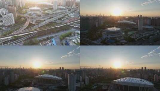 上海体育场清晨航拍高清在线视频素材下载