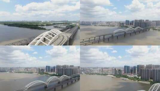 航拍哈尔滨江桥铁桥高清在线视频素材下载