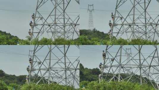 电塔电力工人爬塔高清在线视频素材下载