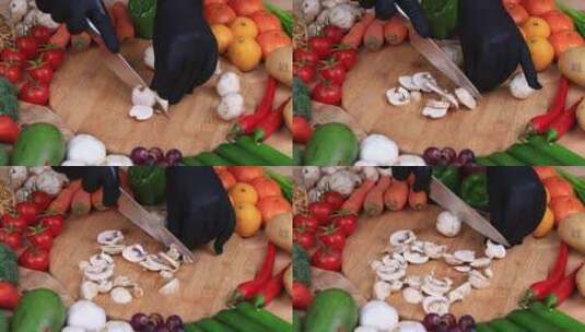 男子用水果刀切蔬菜水果准备做沙拉高清在线视频素材下载