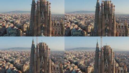 西班牙加泰罗尼亚巴塞罗那圣家堂教堂赎罪神庙的鸟瞰图高清在线视频素材下载