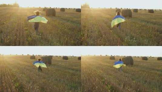 女孩披着旗帜在田野里奔跑高清在线视频素材下载