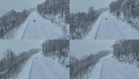 亚布力雪乡亚雪公路冬季风光航拍高清在线视频素材下载