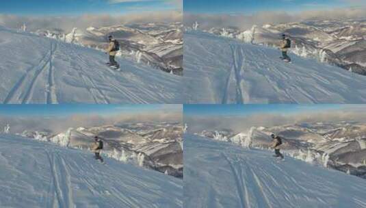 冰冻冬季山区的单板滑雪Freeride滑雪板的慢动作高清在线视频素材下载