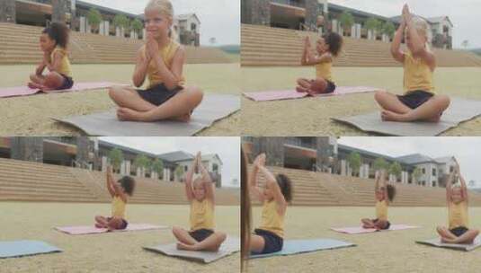 女孩在垫子上练习瑜伽高清在线视频素材下载