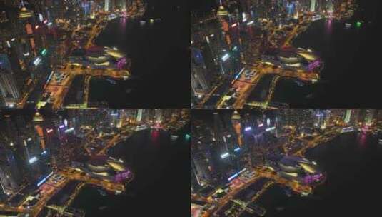 香港会展中心夜景航拍视频4K30P高清在线视频素材下载