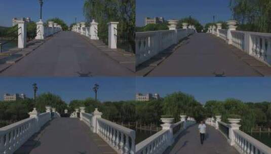 上海松江思贤公园人过白桥航拍对冲高清在线视频素材下载